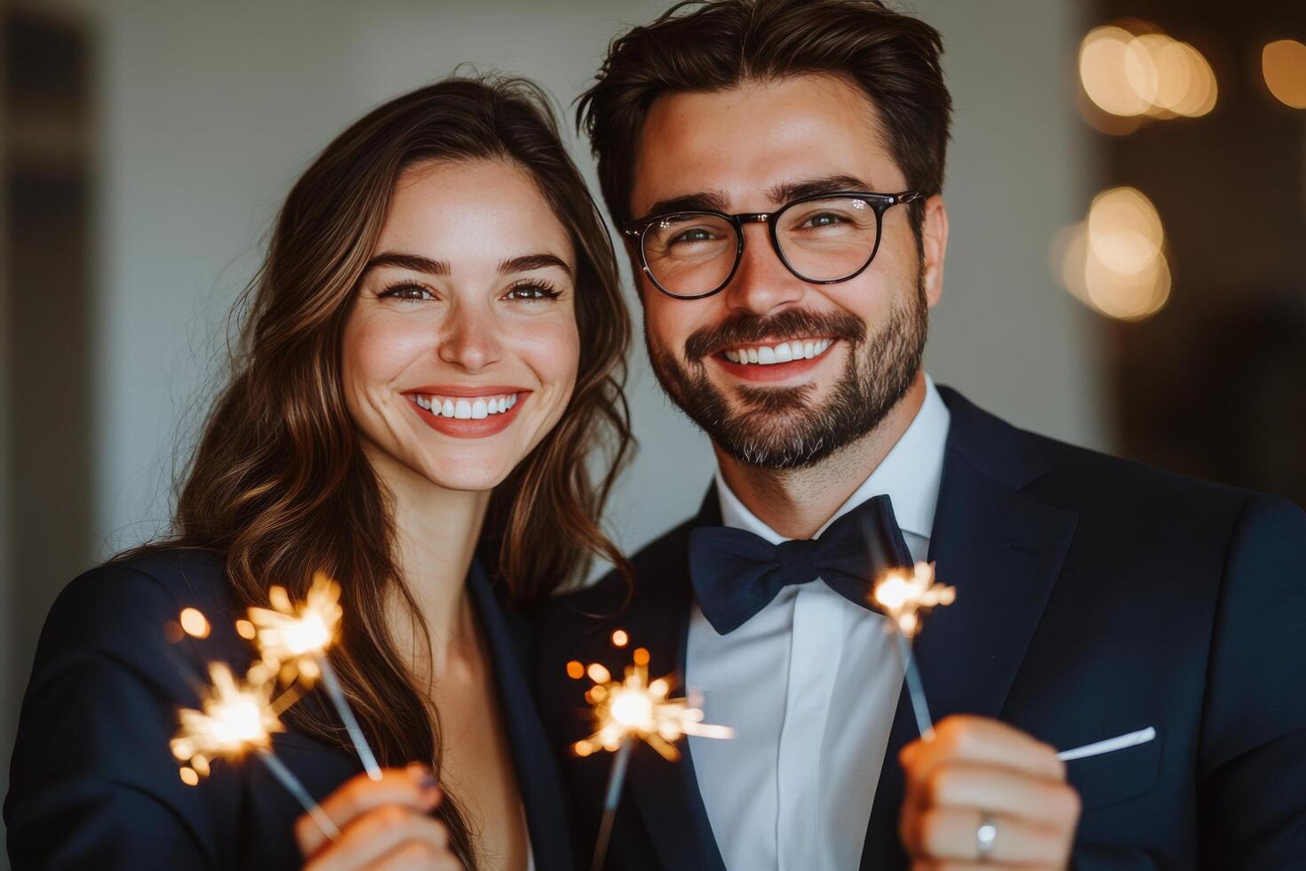 Couple celebrating with a sparkler in stylish attire during a festive occasion at night photo