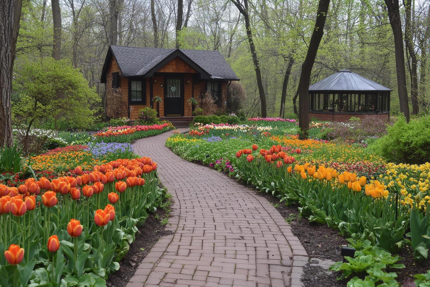 Cozy cottage surrounded by vibrant tulip gardens in springtime bloom photo