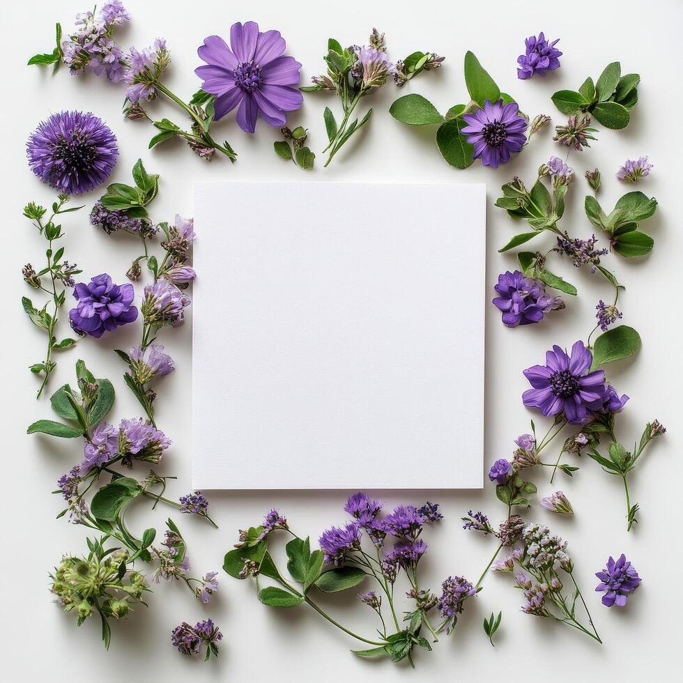 Elegant arrangement of purple flowers and blank space for creative projects on white background photo