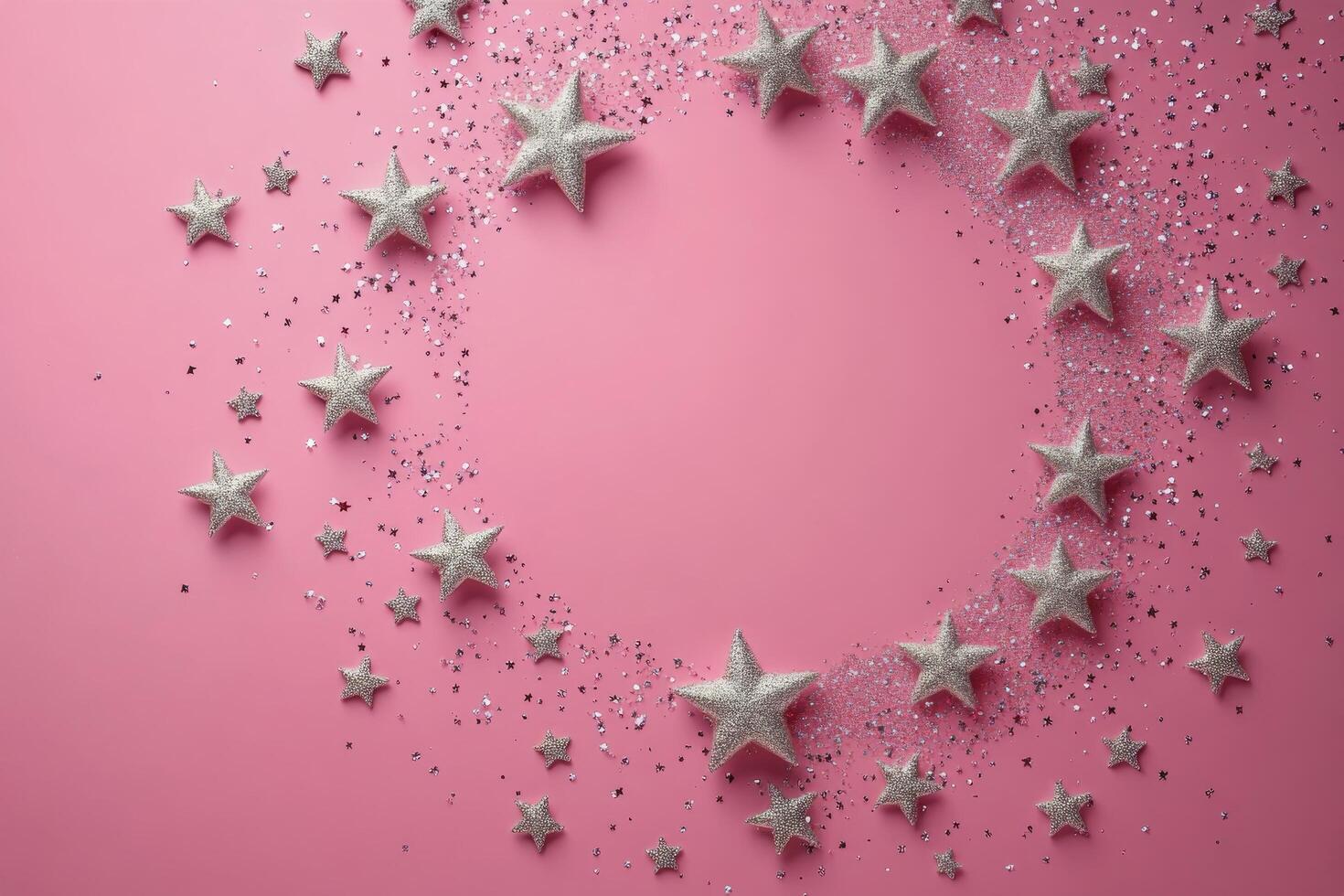 Decorative silver stars arranged in a circular pattern on a pink background for festive celebrations photo