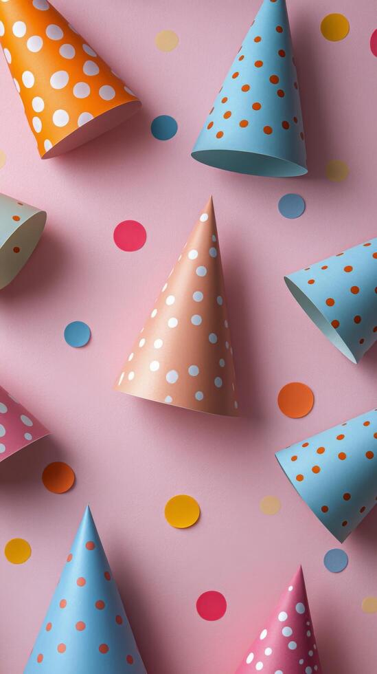 Colorful party hats and decorations scattered on a pink background for a festive celebration photo
