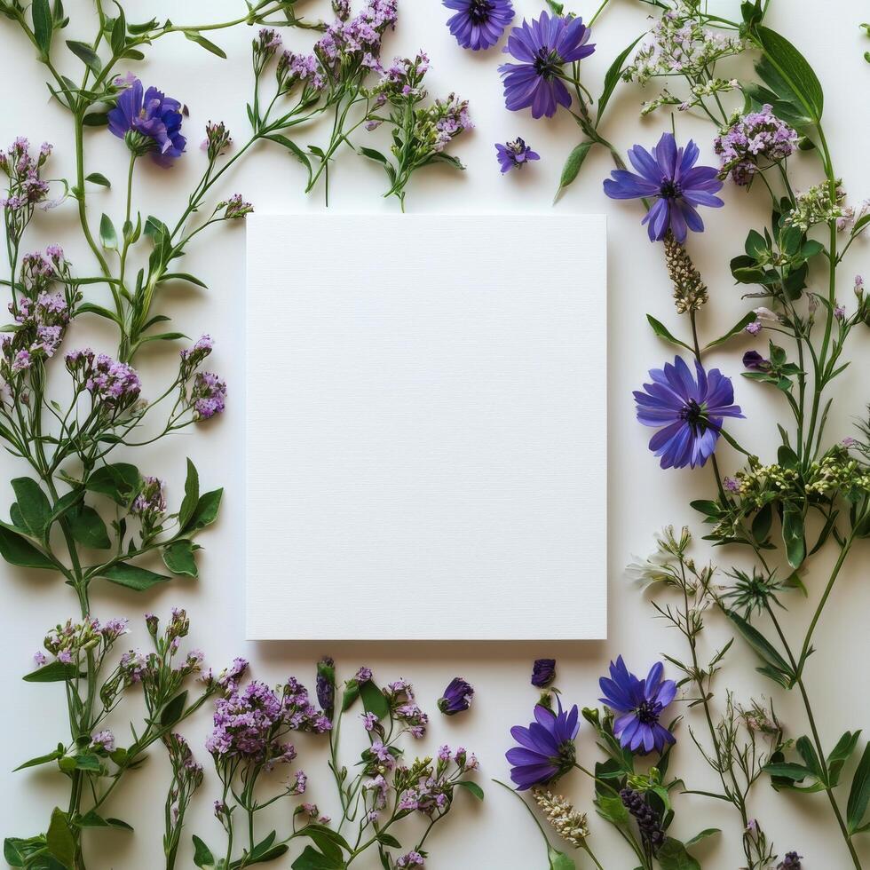Elegant arrangement of purple flowers and blank space for creative projects on white background photo