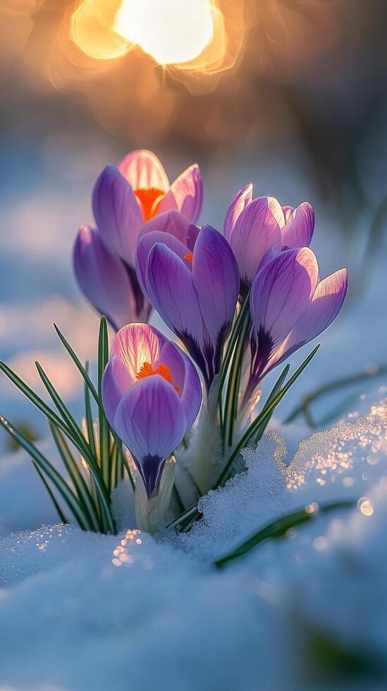 Crocuses bloom through the snow in early spring as sunlight filters in the background photo