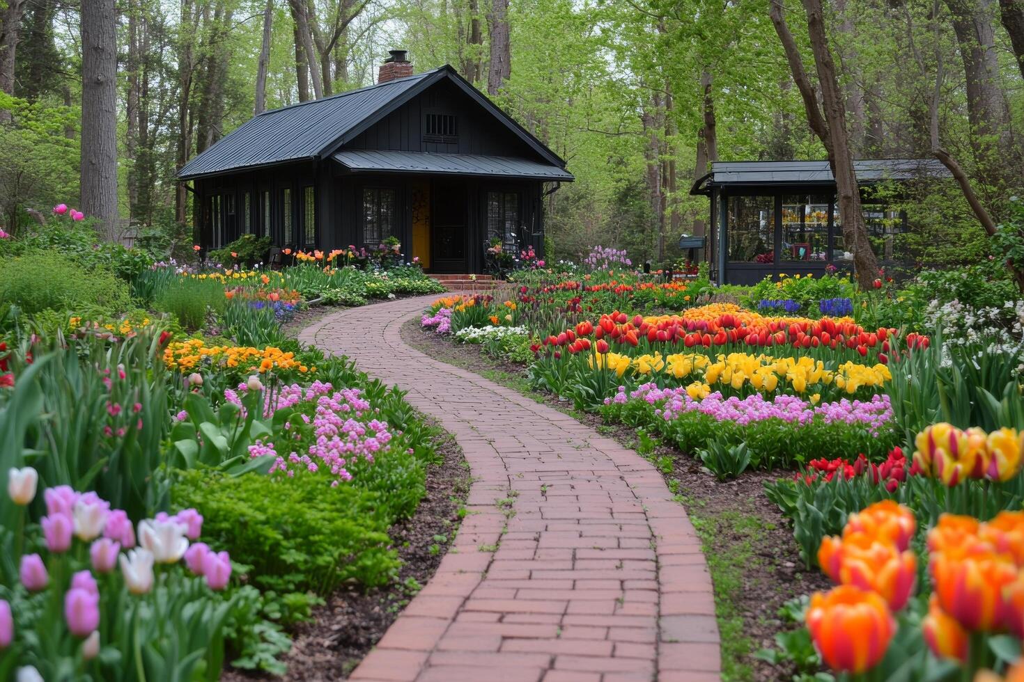Cozy cottage surrounded by vibrant tulip gardens in springtime bloom photo