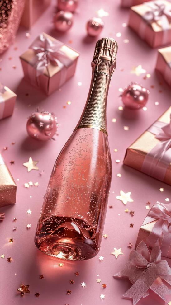 Celebrate with sparkling rose champagne bottles surrounded by festive decorations and gifts photo