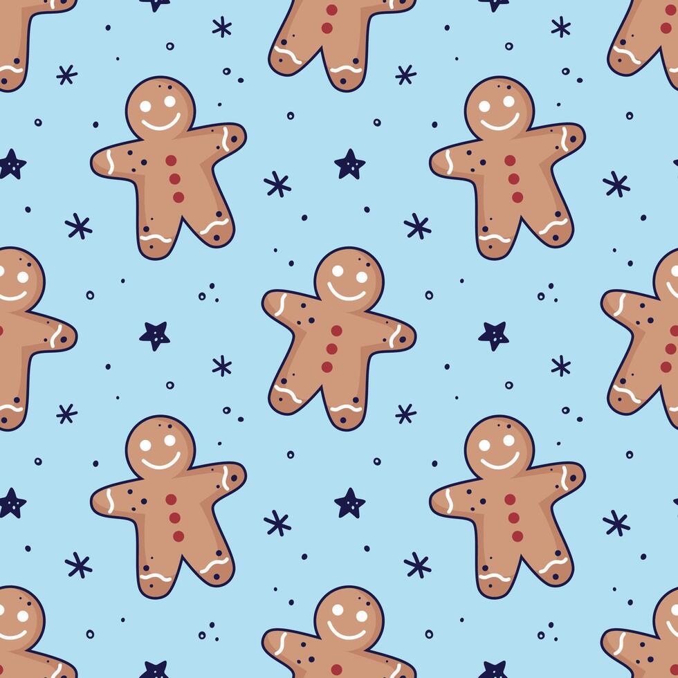 Gingerbread men, snowflakes, stars seamless pattern. Christmas or New Year background. Festive baked cookies, flat design, doodle style. vector