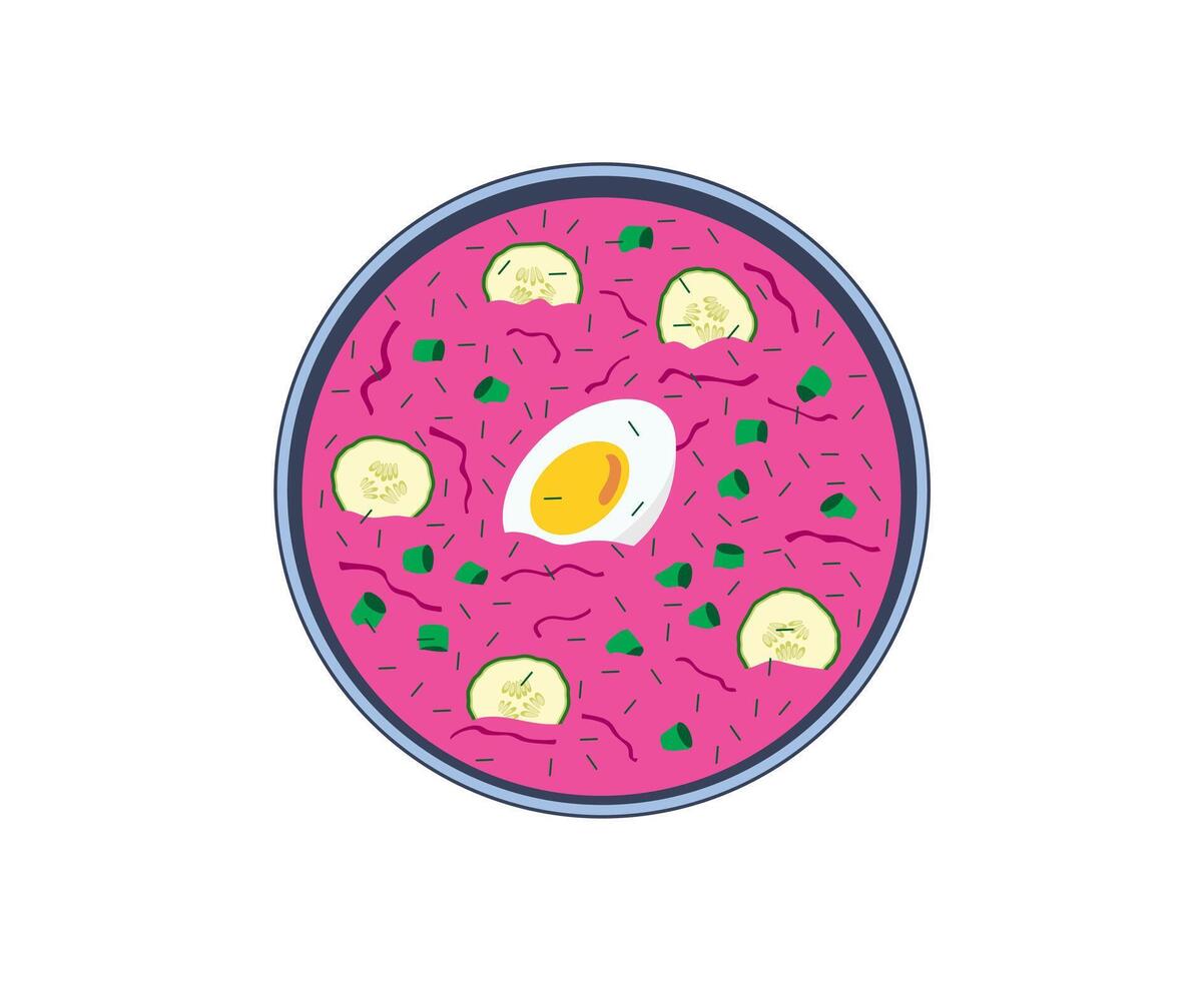 Cold beet soup in plate with egg, fresh herbs, cucumber and herbs. Isolated on white background. vector