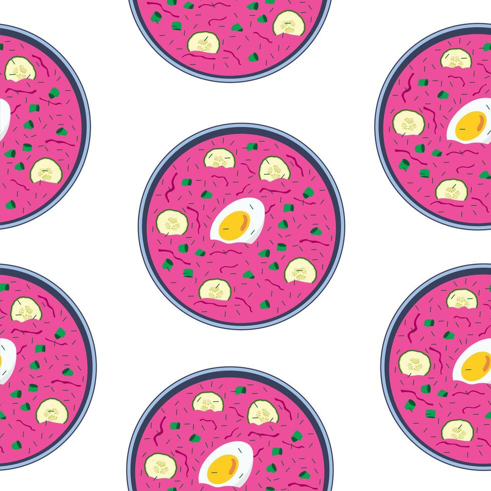 Seamless pattern. Cold pink beet soup plates with egg, fresh herbs, cucumber and herbs. Isolated on white background. vector