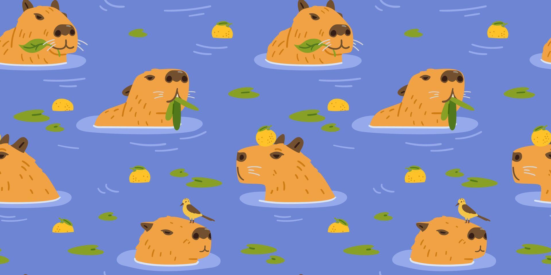 Swimming funny capybaras seamless pattern. Capybaras heads in water among tangerines. vector
