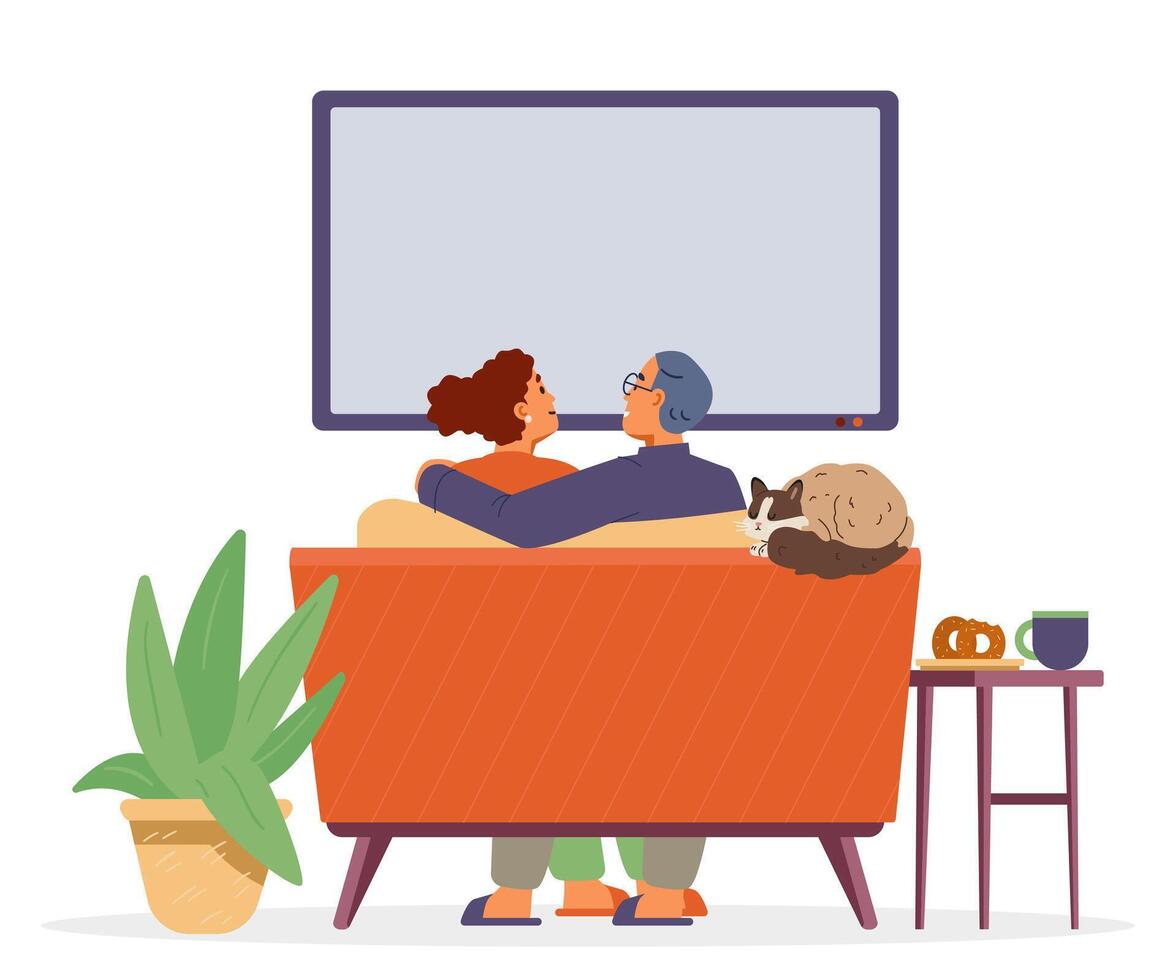 Couple with a cat watching TV together sitting on the couch flat illustration. View from the back. vector