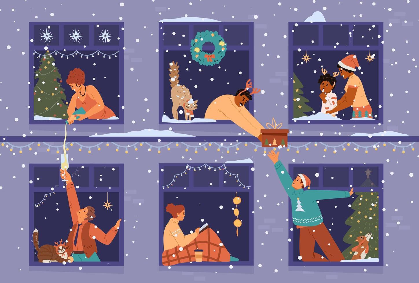 Christmas banner with people in windows celebrating flat illustrations. House front with neighbors in windows communicating. vector