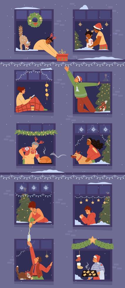 Christmas vertical banner with people in windows celebrating flat illustrations. House front with neighbors in windows communicating. vector