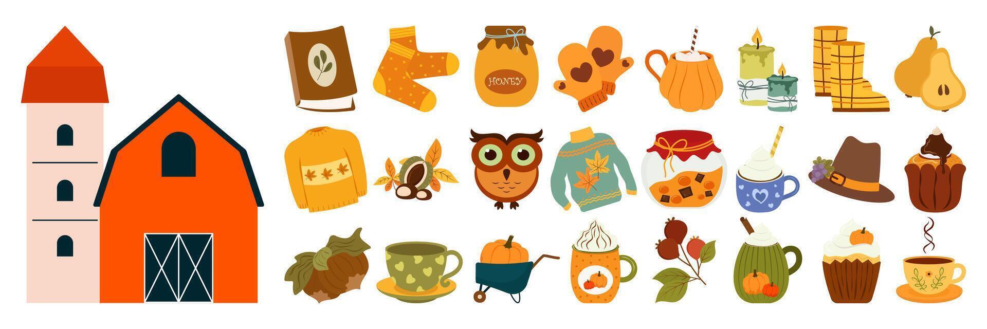 Flat illustration set of autumn Thanksgiving with warm seasonal elements vector