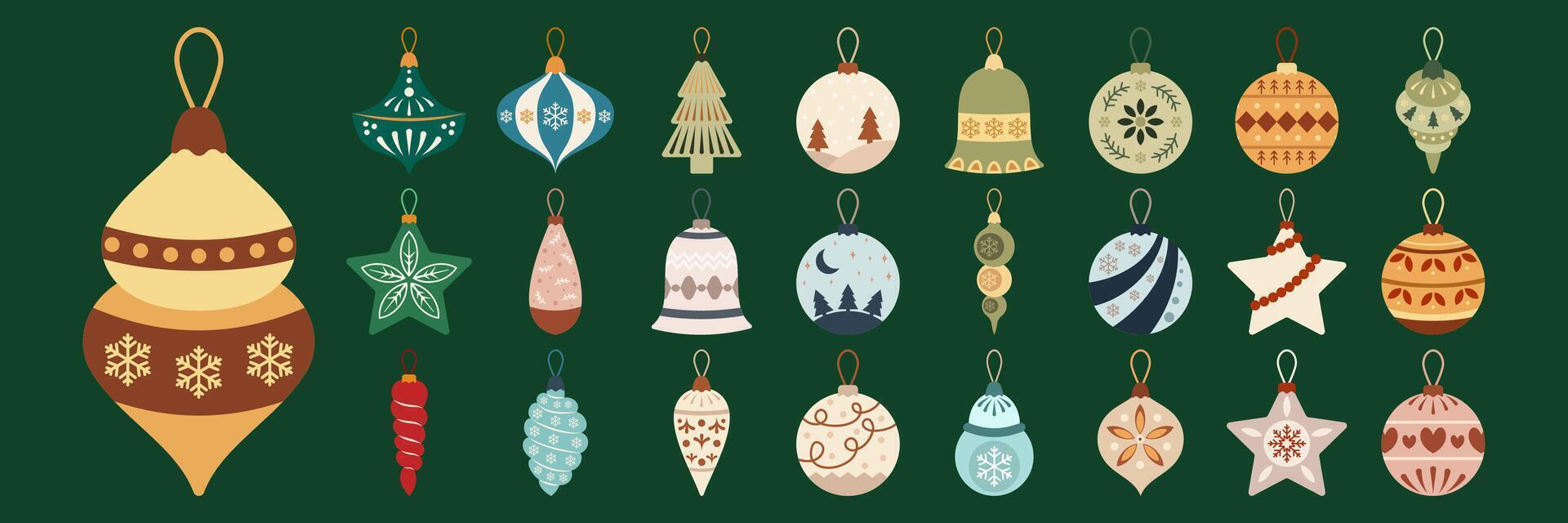 Bright and decorative Christmas ornaments set featuring holiday themed flat designs for New Year vector