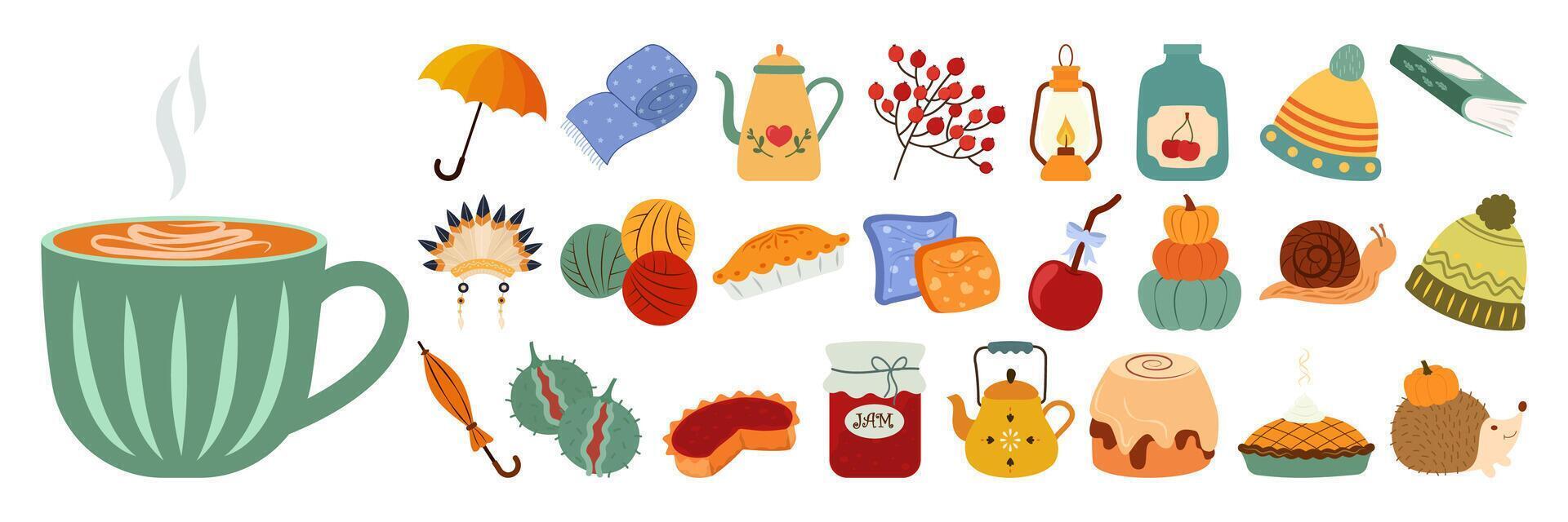 Thanksgiving autumn illustration set showcasing cozy seasonal elements vector