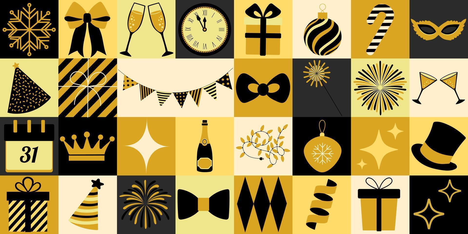 A black and yellow image of various party decorations including a crown, balloons, and a clock. The image is a collage of different shapes and sizes vector