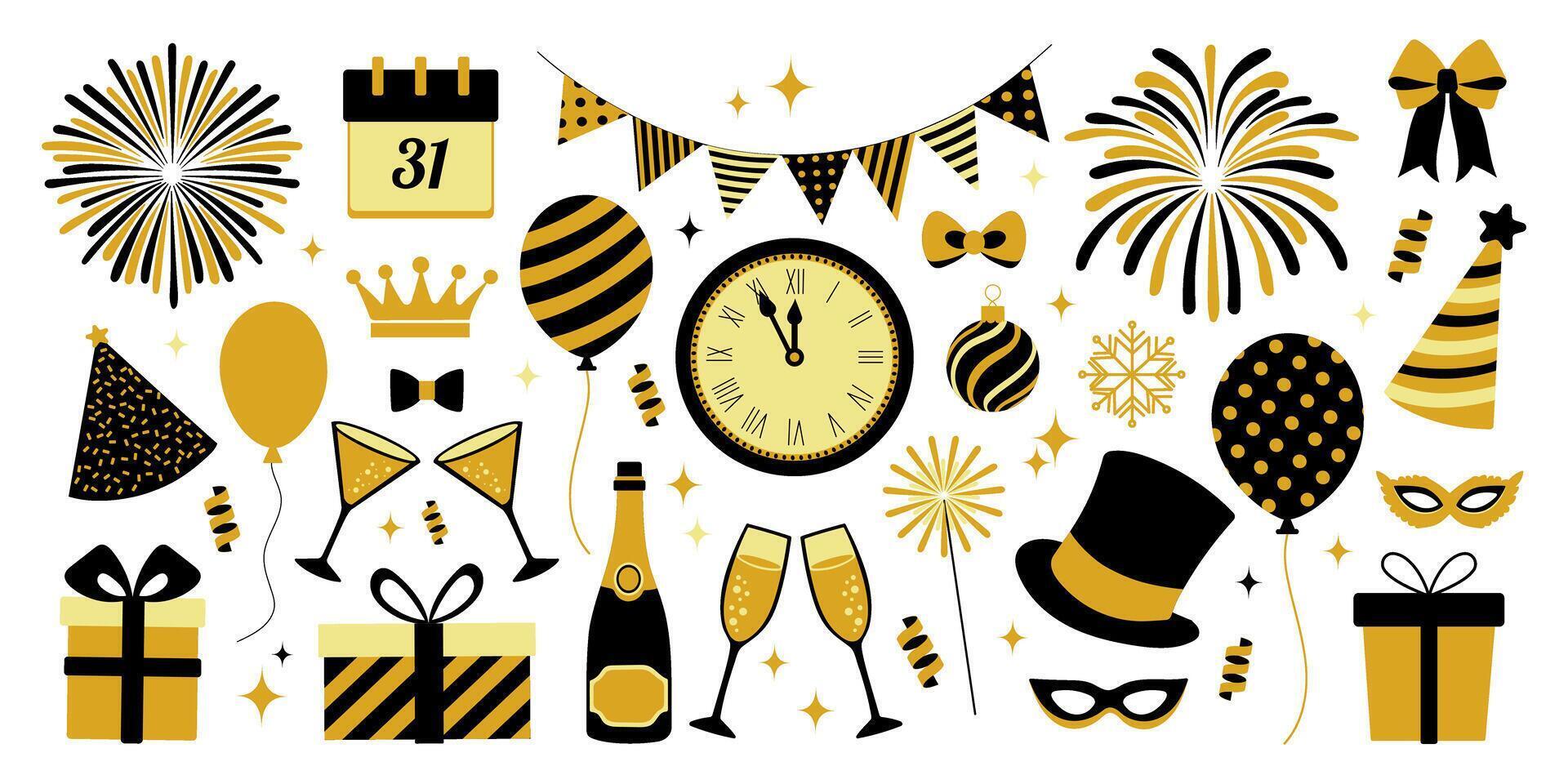 New year set. Banner with a black and gold background and a black and gold clock. There are many different shapes and sizes of balloons, some of which are in the foreground vector