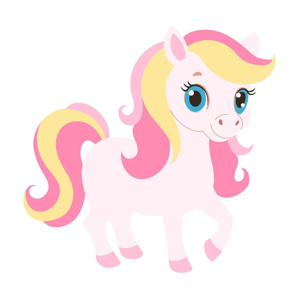 A cartoon horse with pink and yellow hair. It has a pink nose and blue eyes. The horse is standing on a white background vector