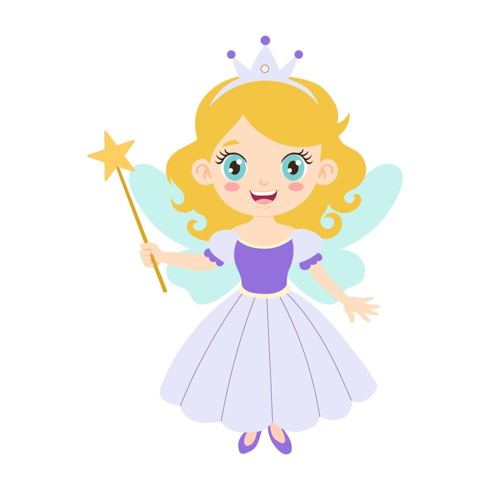 A girl is holding a wand and smiling. She is wearing a white dress. The background is white vector