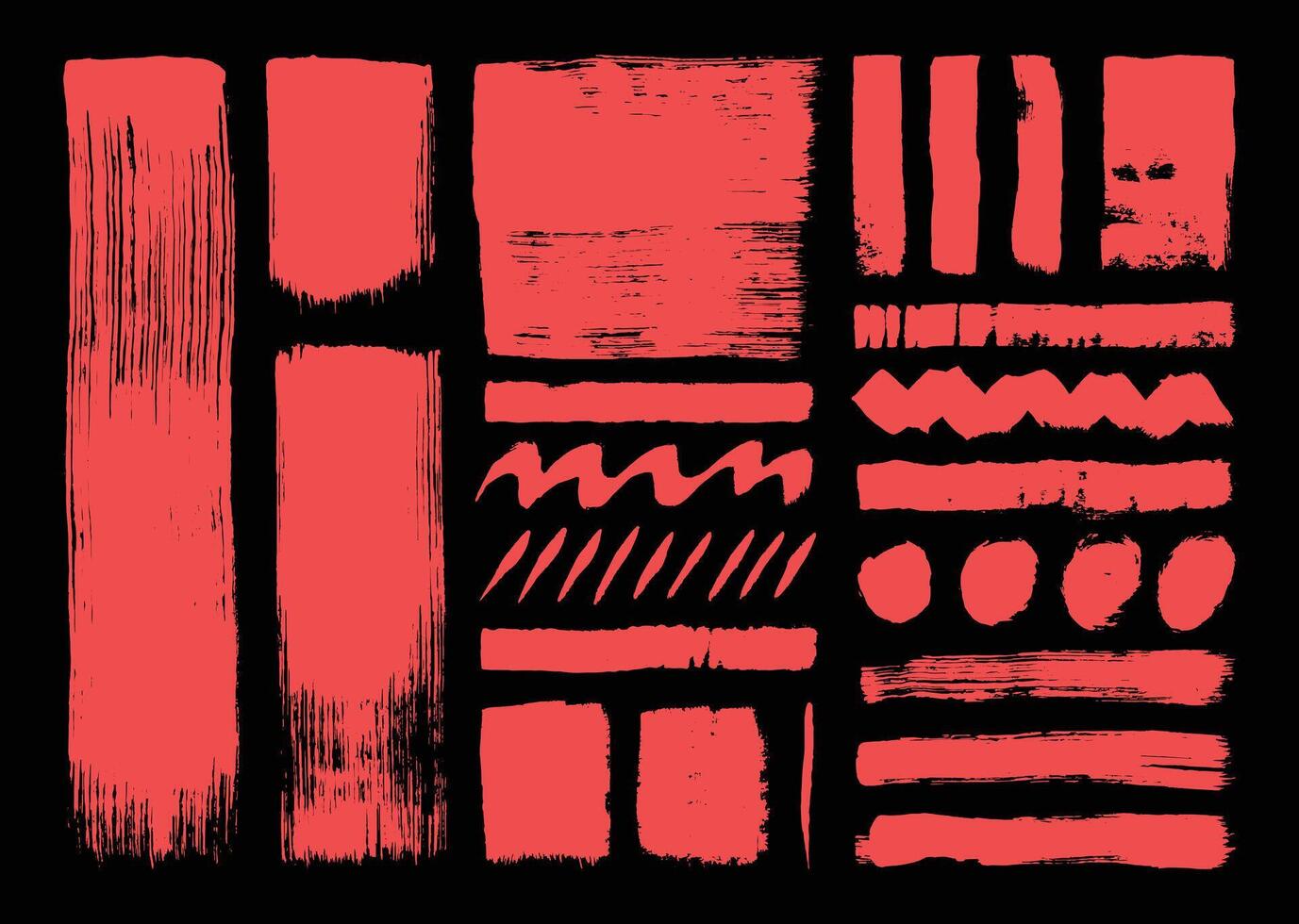 Red paint brush strokes element bundle. Straight and wavy lines, circle, and square shapes design collection. vector