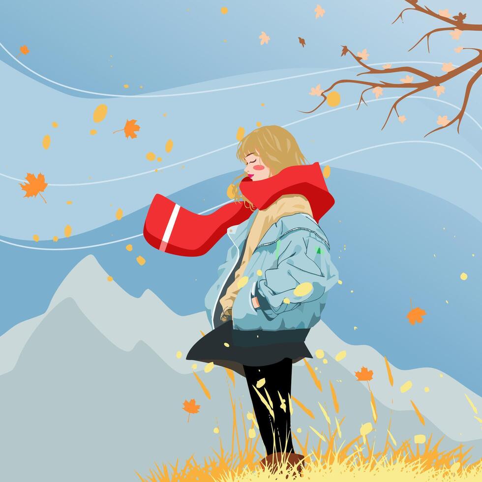 girl in blue jacket standing and in the wind in spring with an iceberg background vector