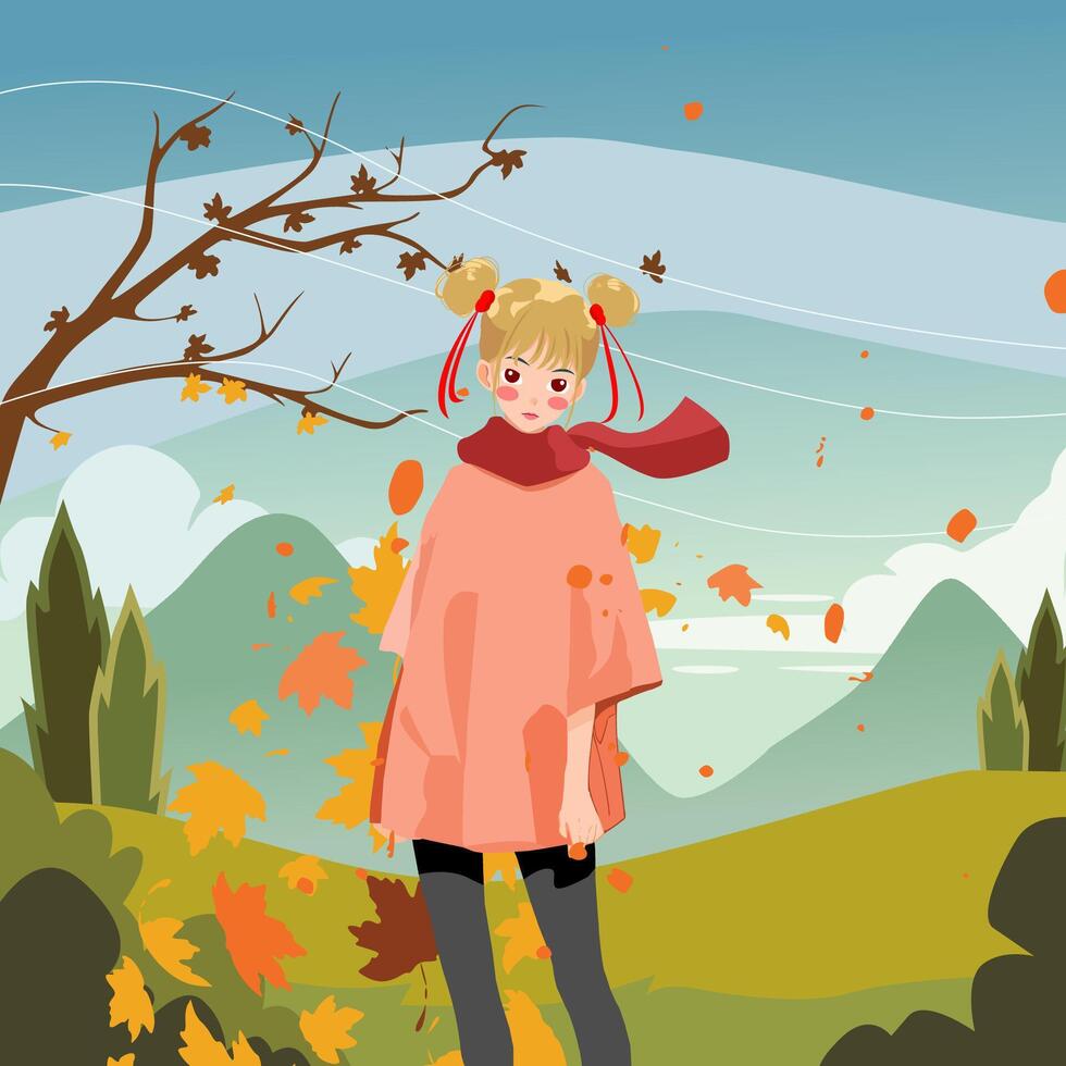 the girl in the scarf stands and is hit by the autumn wind vector