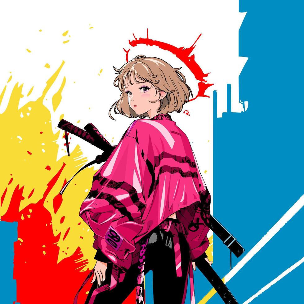 cyberpunk girl character in pink costume carrying a katana in anime style vector