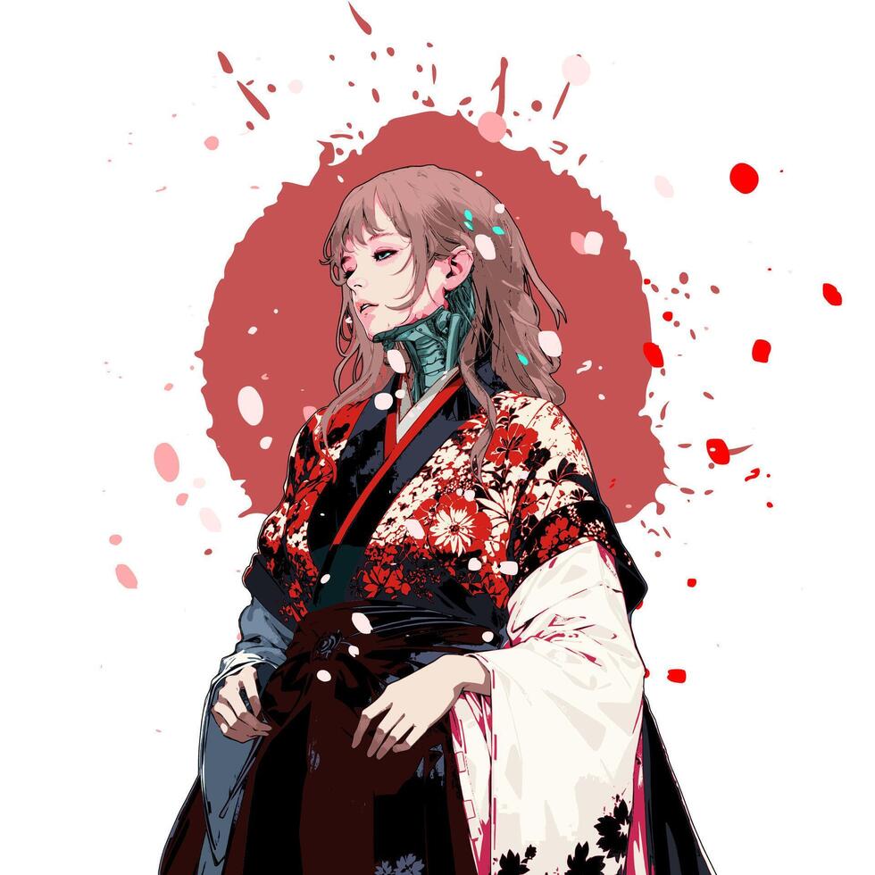 floral kimono girl with loose hair and a robotic neck with an abstract background vector