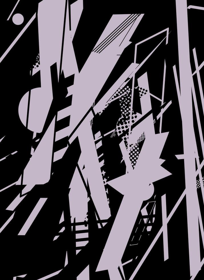 Abstract geometric design with black and white lines and circles on a purple background. vector