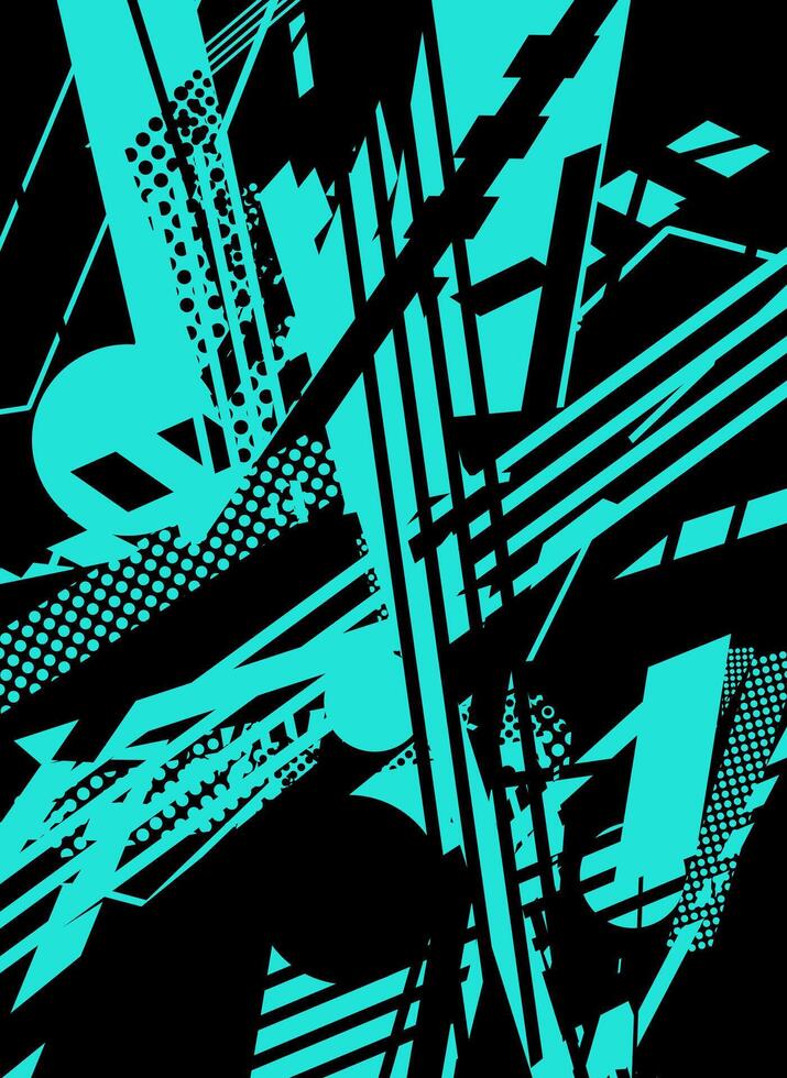 Abstract geometric pattern with teal, black, and white shapes and dots. vector