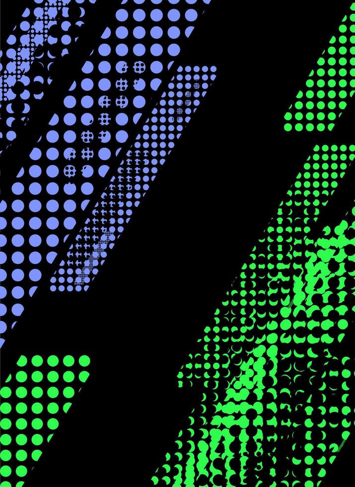 Abstract background with diagonal stripes of green and blue polka dots on black. vector