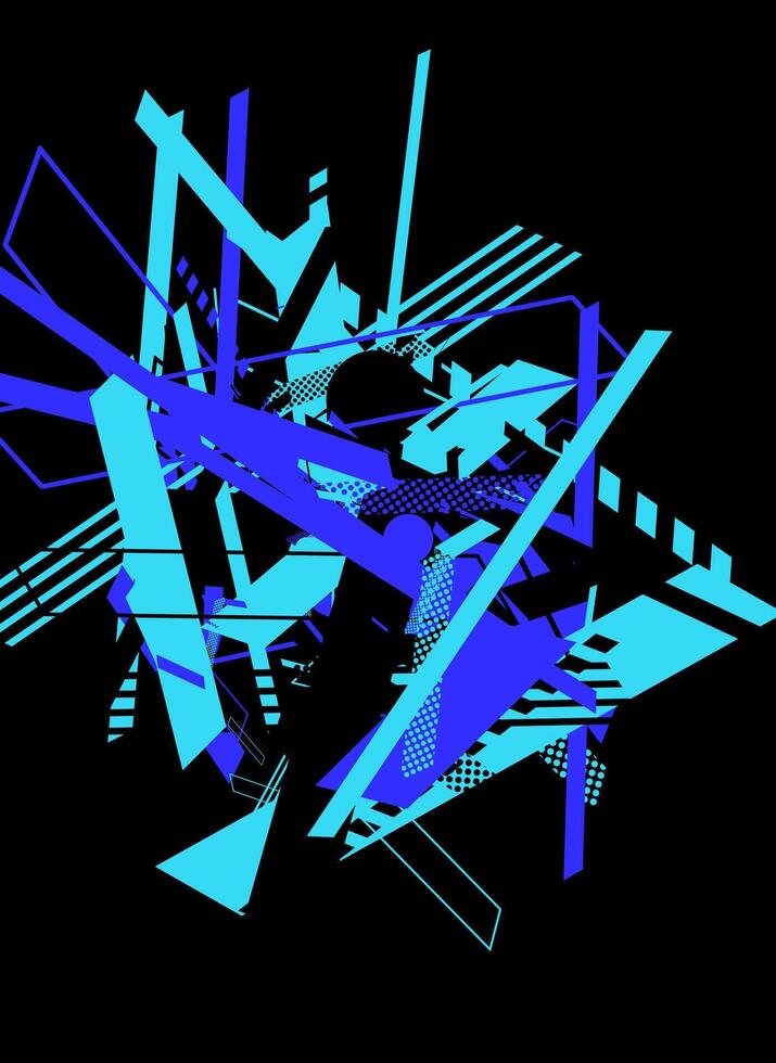 Abstract geometric design with blue and cyan shapes on black background. vector
