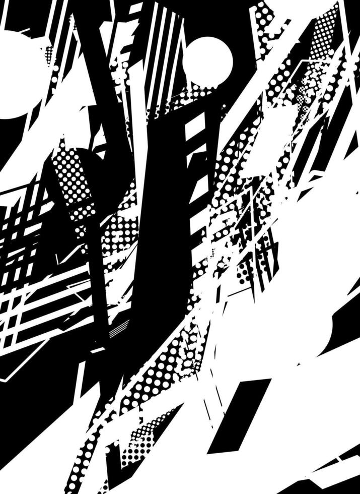 Abstract black and white geometric pattern with dots, stripes, and shapes. vector