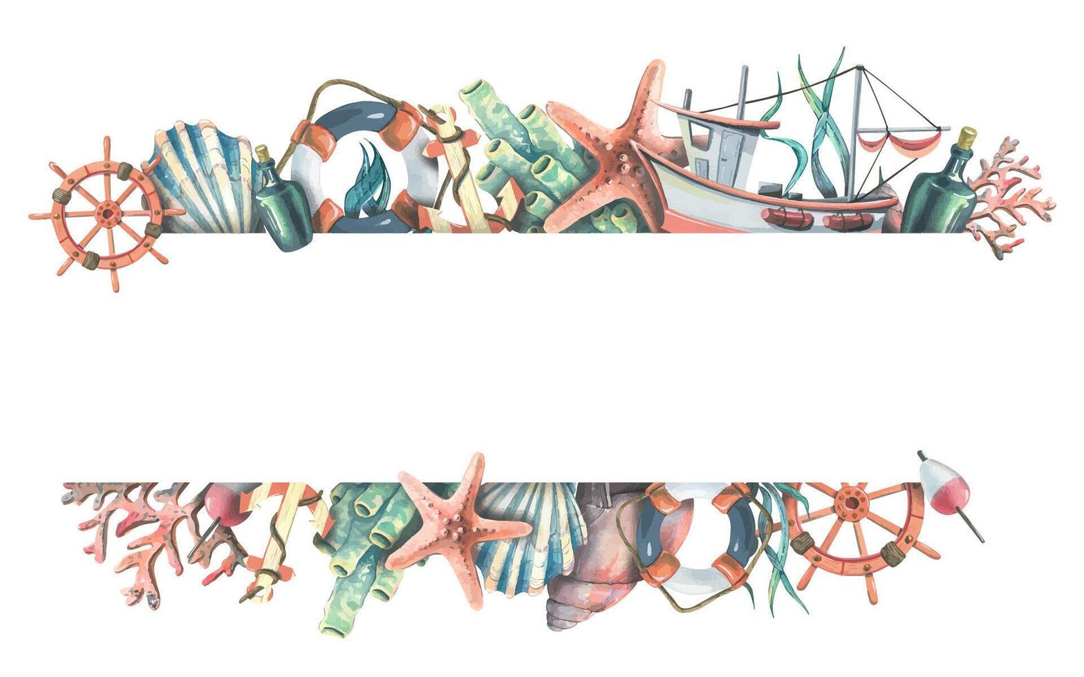 Horizontal frame with sea corals, shells, stars, boat, steering wheel, anchor and lifebuoy. Watercolor illustration. For the design of banners, posters, invitations, certificates, postcards. vector