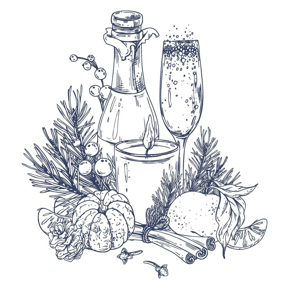 Christmas decor with tangerines, champagne. sweets and pine branches. Graphic illustration hand drawn in black ink. Composition, sublimation, arrangement vector