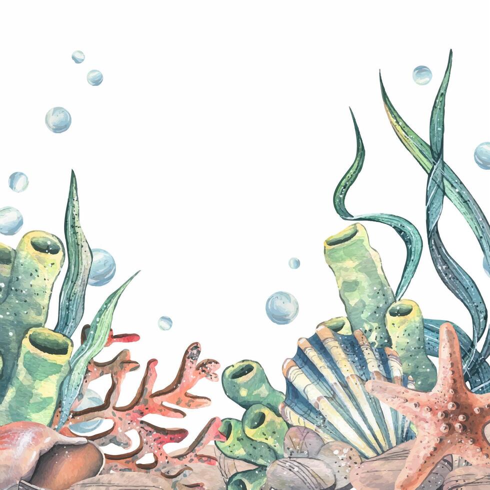 Seahorse, jellyfish, seashell, coral, starfish, sea sponge, algae pebbles and bubbles. Hand drawn watercolor illustration of sea animals and the underwater. Template, frame square for the text. vector
