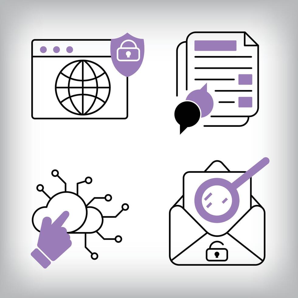 Unique set of 4 cloud technology, web page login and connection icons. Set of data security and personal access technologies. vector
