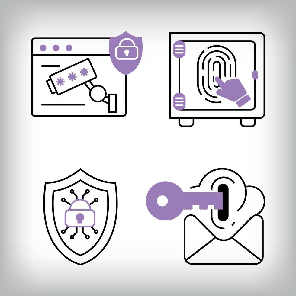 Unique 4 fingerprint, e-mail and safe connection icon set. Set of data security and personal access technologies. vector