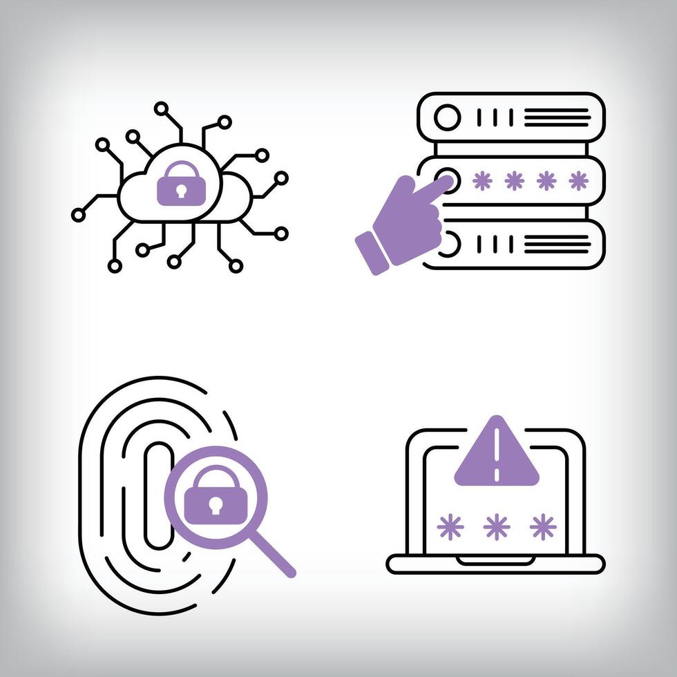 Unique 4 database, fingerprint login and connection icon set. Set of data security and personal access technologies. vector