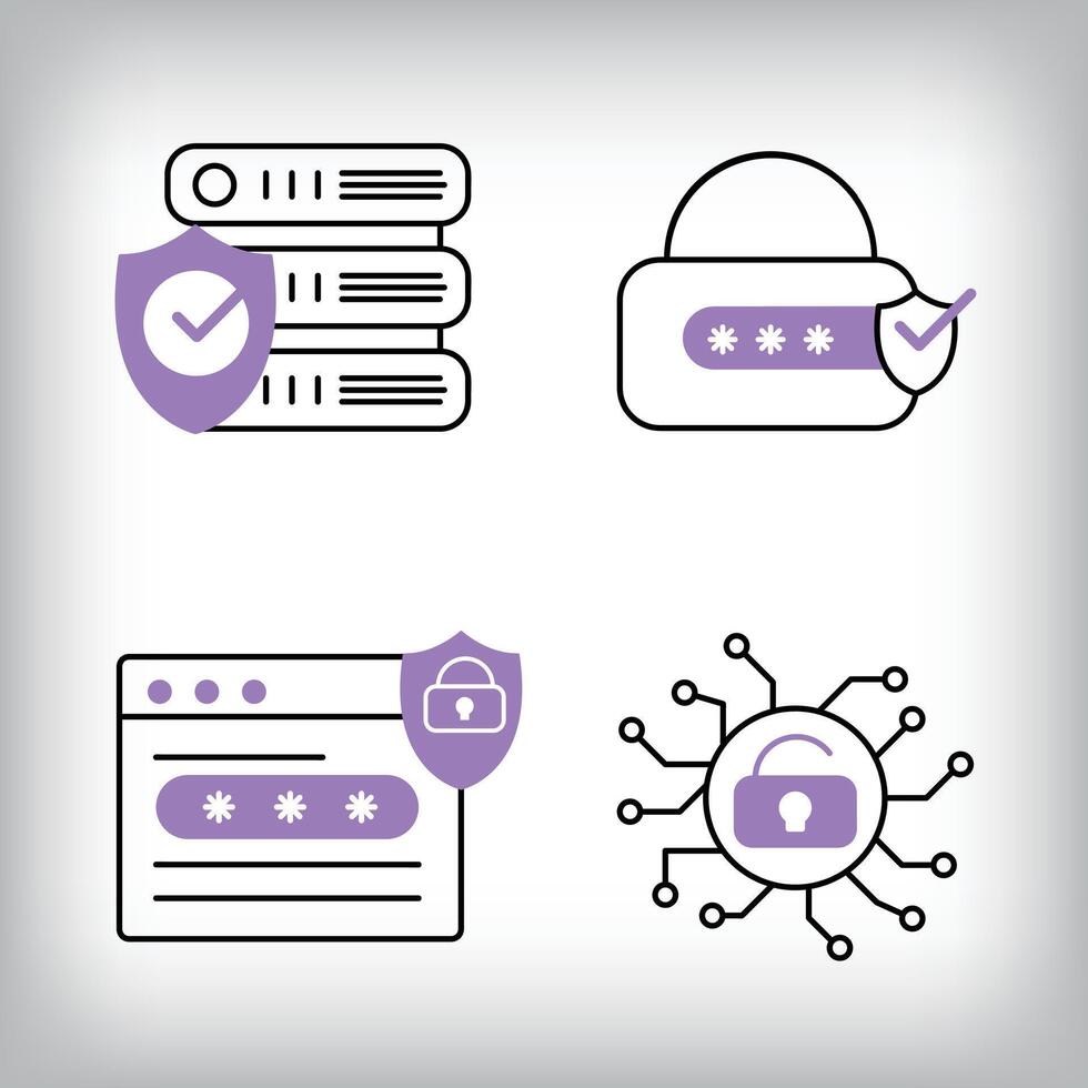 Unique 4-way lock, data filing and web page security icon set. Set of data security and personal access technologies. vector