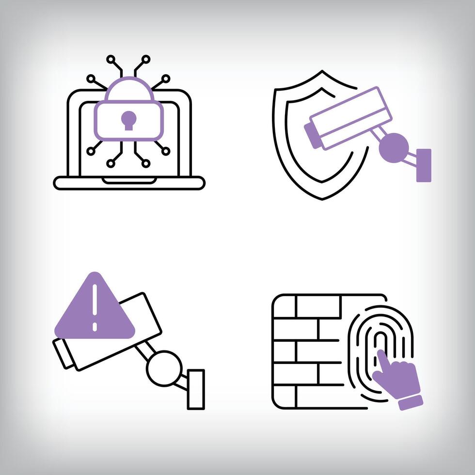 Unique 4-way firewall, security camera and connection icon set. Set of data security and personal access technologies. vector