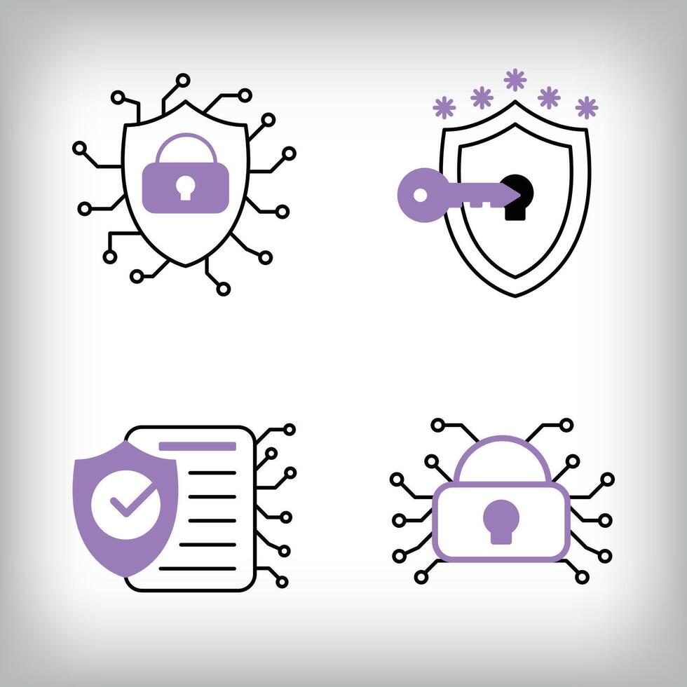 Unique 4-fold protection lock, page confirmation and file security icon set. Set of data security and personal access technologies. vector