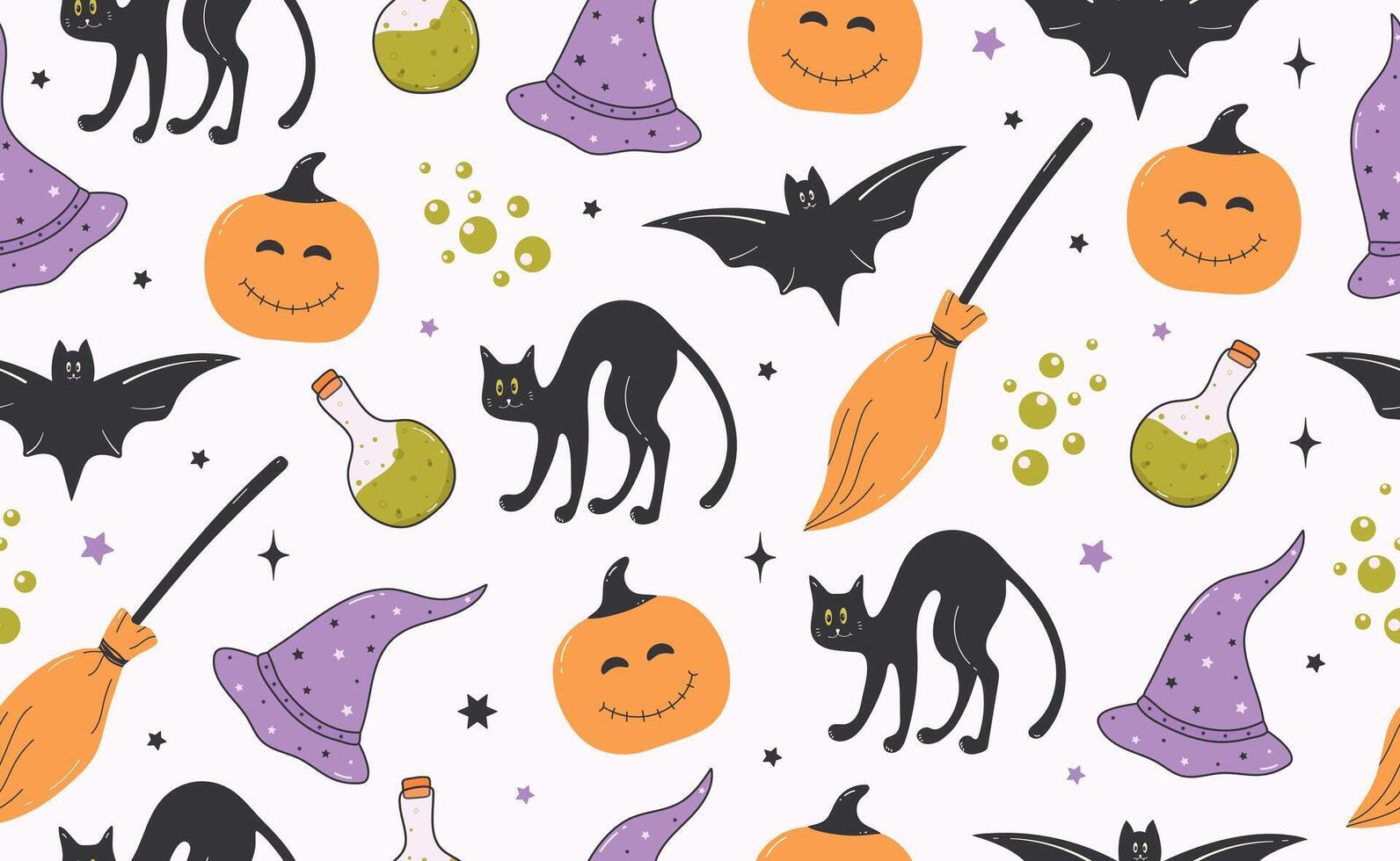 Funny Halloween seamless pattern in trendy groovy retro 70s style. Y2k collection. Cute Pumpkin, Magic Hat, Black Cat, Broom, Potion. Retro y2k style. Fun pumpkin character. illustration vector