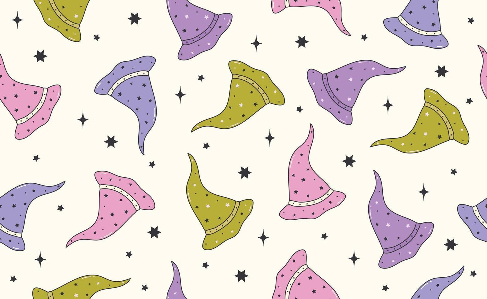 Funny Halloween seamless pattern in trendy Groovy Retro 70s style. Y2k collection. Retro y2k style. Cute Magic Hat and Star. Fun pumpkin character. illustration vector