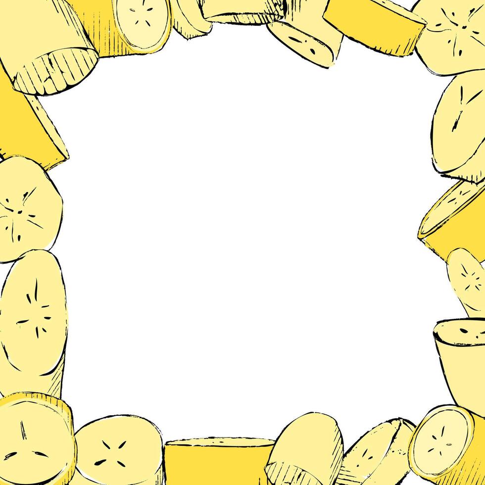 Square frame with graphic bananas slices in the peel on the background. illustration. Suitable for print, social media and backdrops. vector