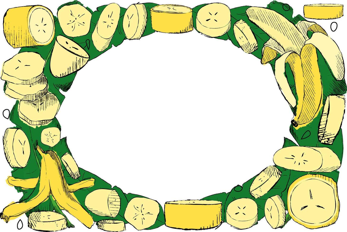 Oval ellipse Frame made of graphic Yellow Bananas and green tropical leaves on white background. Single Banana, Peeled Bunch, Slices illustration template for your text vector