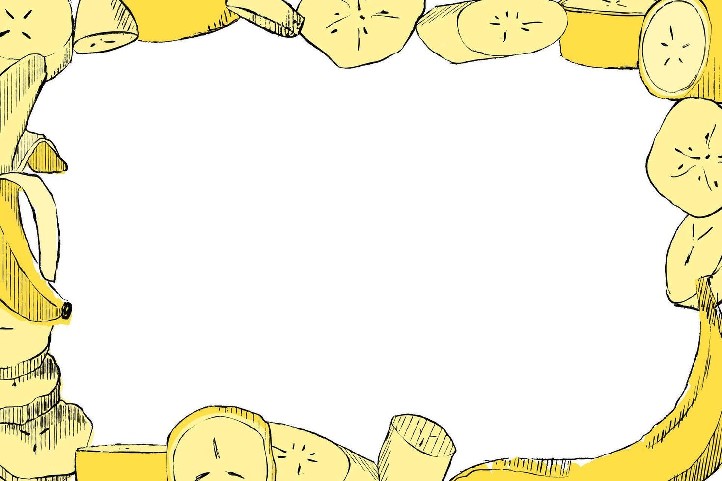 Fresh ripe yellow banana rectangle frame. Graphic hand drawn illustration, isolated on white background vector