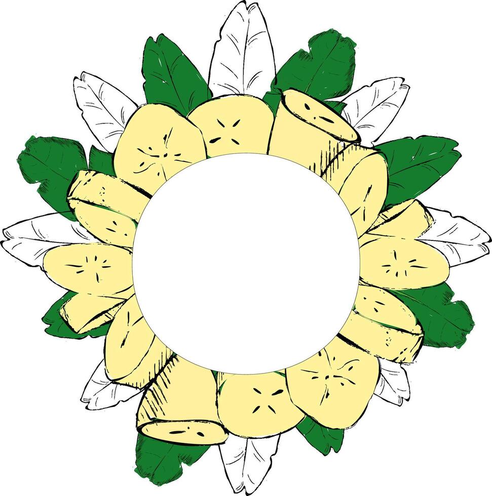Background circle round frame with banana slices and tropical leaves green and transparent. graphic illustration. Ideal for designing menus, price tags, labels and packaging vector