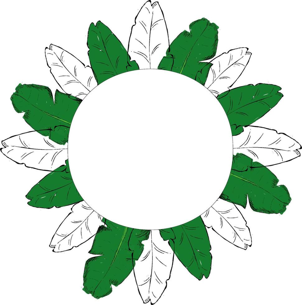 Tropical leaves green and transparent design card round circle frame. Graphic illustration. Exotic island wedding invitation. Elements are isolated and editable vector