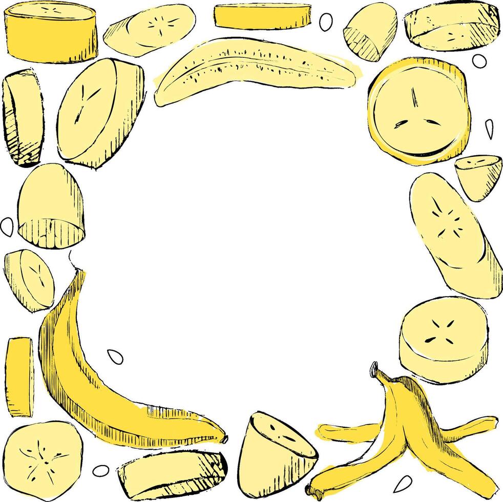 Square frame with circle inside made of Bananas and slices in graphic. illustration. Suitable for printing on fabric and paper, for dishes, kitchen, creativity. vector